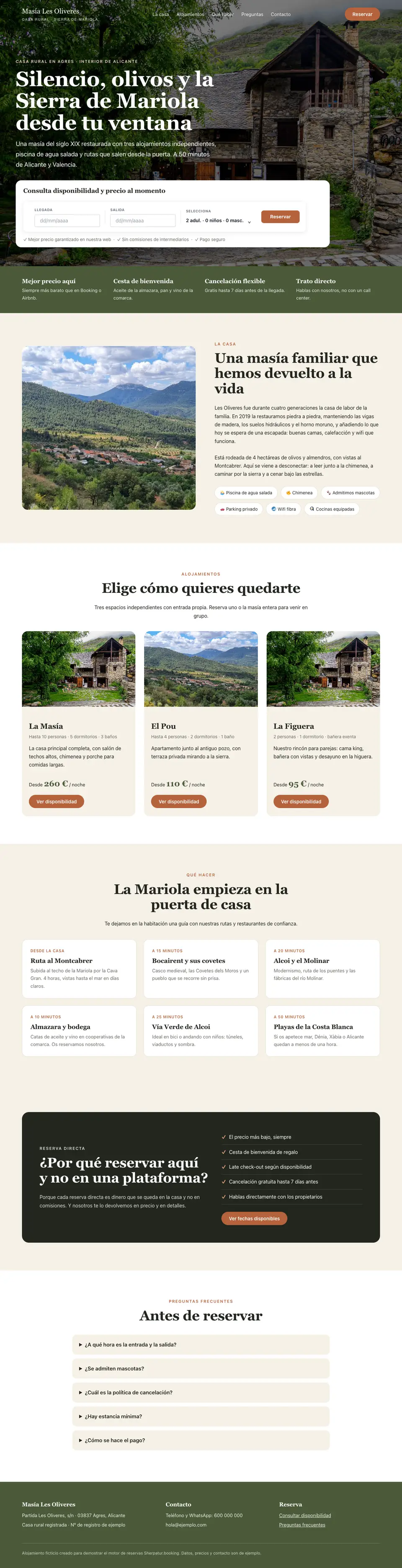 Página de demostración de una casa rural: cabecera con menú, la casa, alojamientos, qué hacer, reserva directa, preguntas frecuentes y pie de página, todo en una sola página